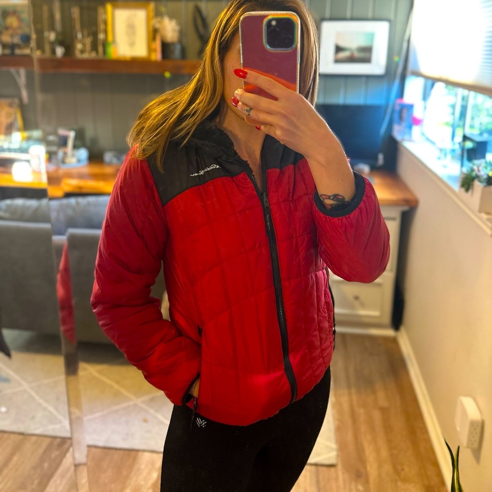 Eddie Bauer Red puffer with Black Teddy Sherpa lining -